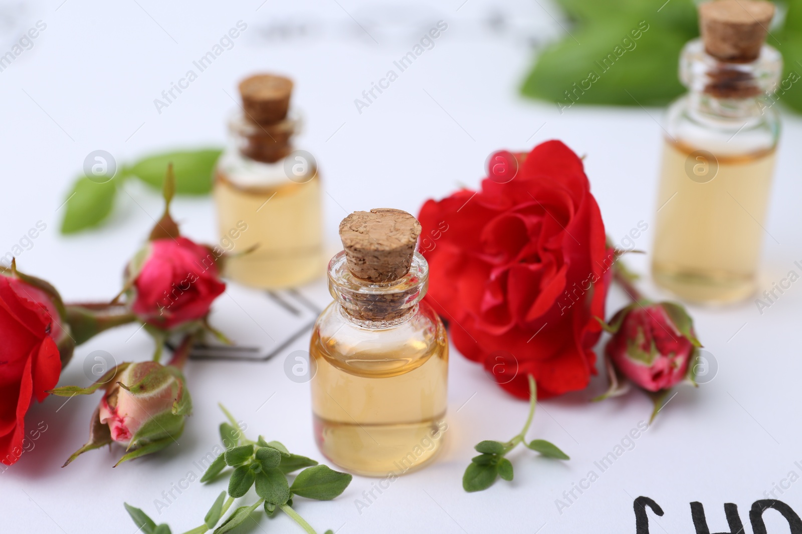 Bottles of cosmetic products, herbs and red roses on paper with chemical formulas, closeup Photo of Bottles of cosmetic products, herbs and red roses on paper with chemical formulas, closeup