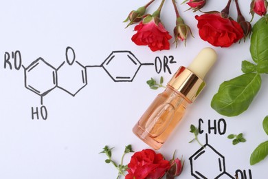 Photo of Bottle of cosmetic product, herbs and red roses on paper with chemical formulas, flat lay. Space for text