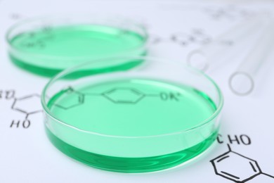 Photo of Petri dishes of samples and test tubes on paper with chemical formulas, closeup