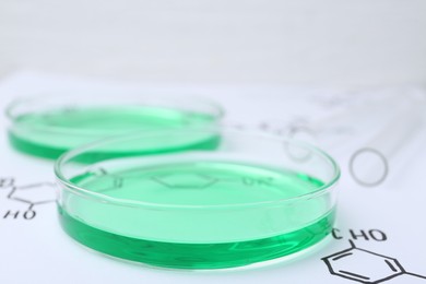 Photo of Petri dishes of samples and test tubes on paper with chemical formulas, closeup