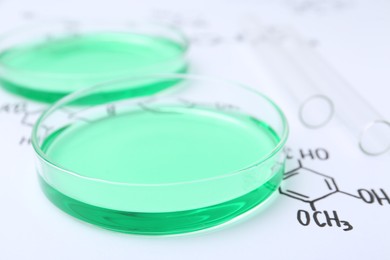 Photo of Petri dishes of samples and test tubes on paper with chemical formulas, closeup