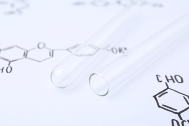 Photo of Test tubes on paper with chemical formulas, closeup