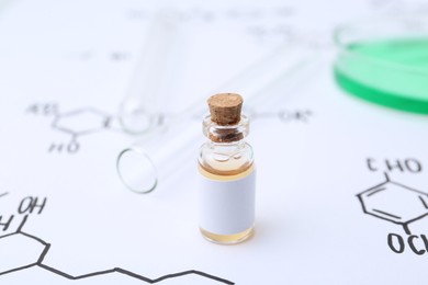 Photo of Bottle of cosmetic product, test tubes and Petri dish of sample on paper with chemical formulas, closeup