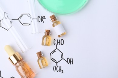Photo of Bottles of cosmetic products, test tubes and Petri dish of sample on paper with chemical formulas, flat lay. Space for text
