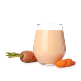 Photo of Superfood. Tasty smoothie in glass and carrot isolated on white