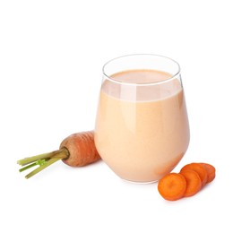 Photo of Superfood. Tasty smoothie in glass and carrot isolated on white