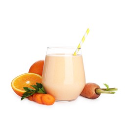 Photo of Superfood. Tasty smoothie in glass and ingredients isolated on white