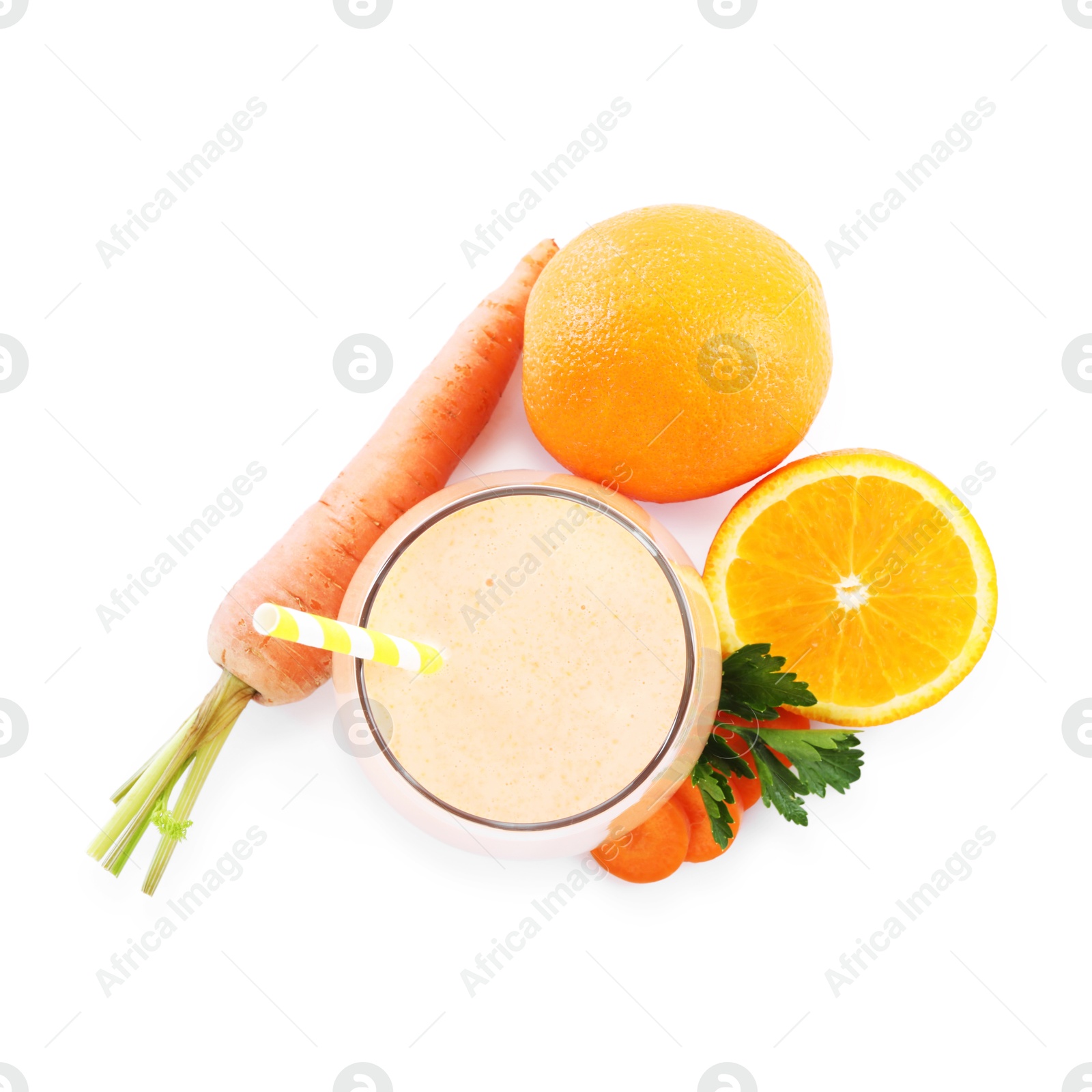 Superfood. Tasty smoothie in glass and ingredients isolated on white, top view Photo of Superfood. Tasty smoothie in glass and ingredients isolated on white, top view