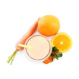 Photo of Superfood. Tasty smoothie in glass and ingredients isolated on white, top view