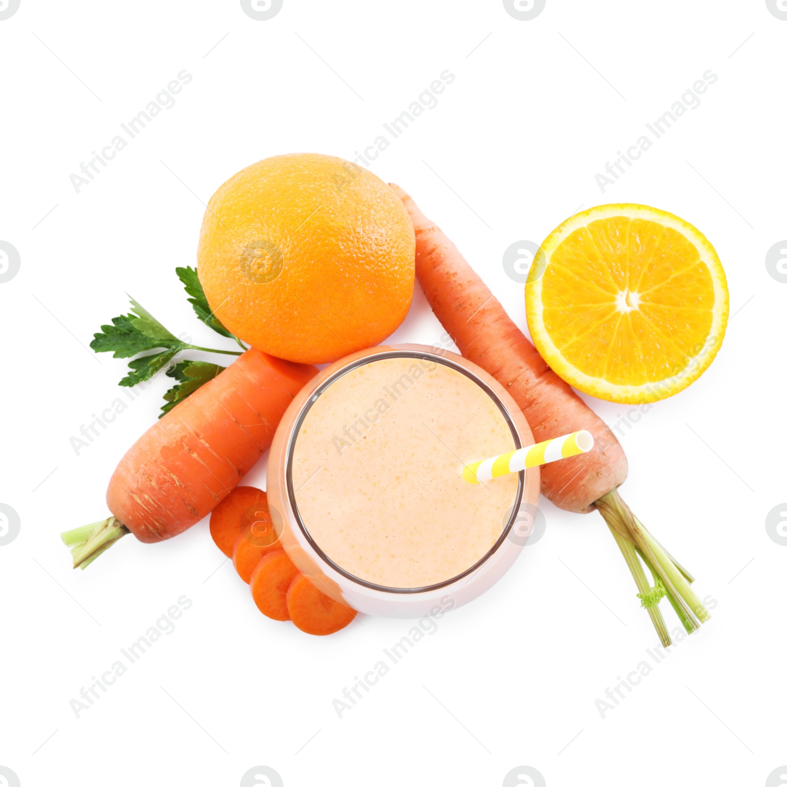Superfood. Tasty smoothie in glass and ingredients isolated on white, top view Photo of Superfood. Tasty smoothie in glass and ingredients isolated on white, top view