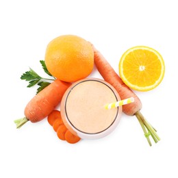 Photo of Superfood. Tasty smoothie in glass and ingredients isolated on white, top view