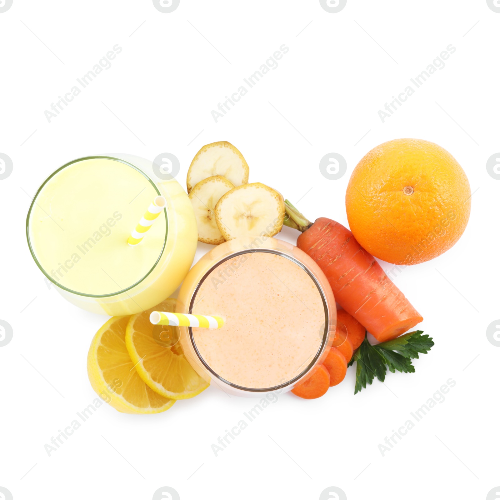 Superfood. Tasty smoothies in glasses and ingredients isolated on white, top view Photo of Superfood. Tasty smoothies in glasses and ingredients isolated on white, top view