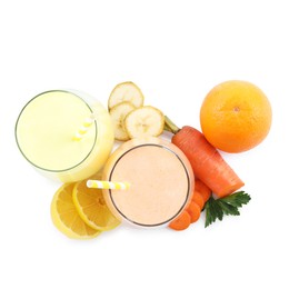 Photo of Superfood. Tasty smoothies in glasses and ingredients isolated on white, top view