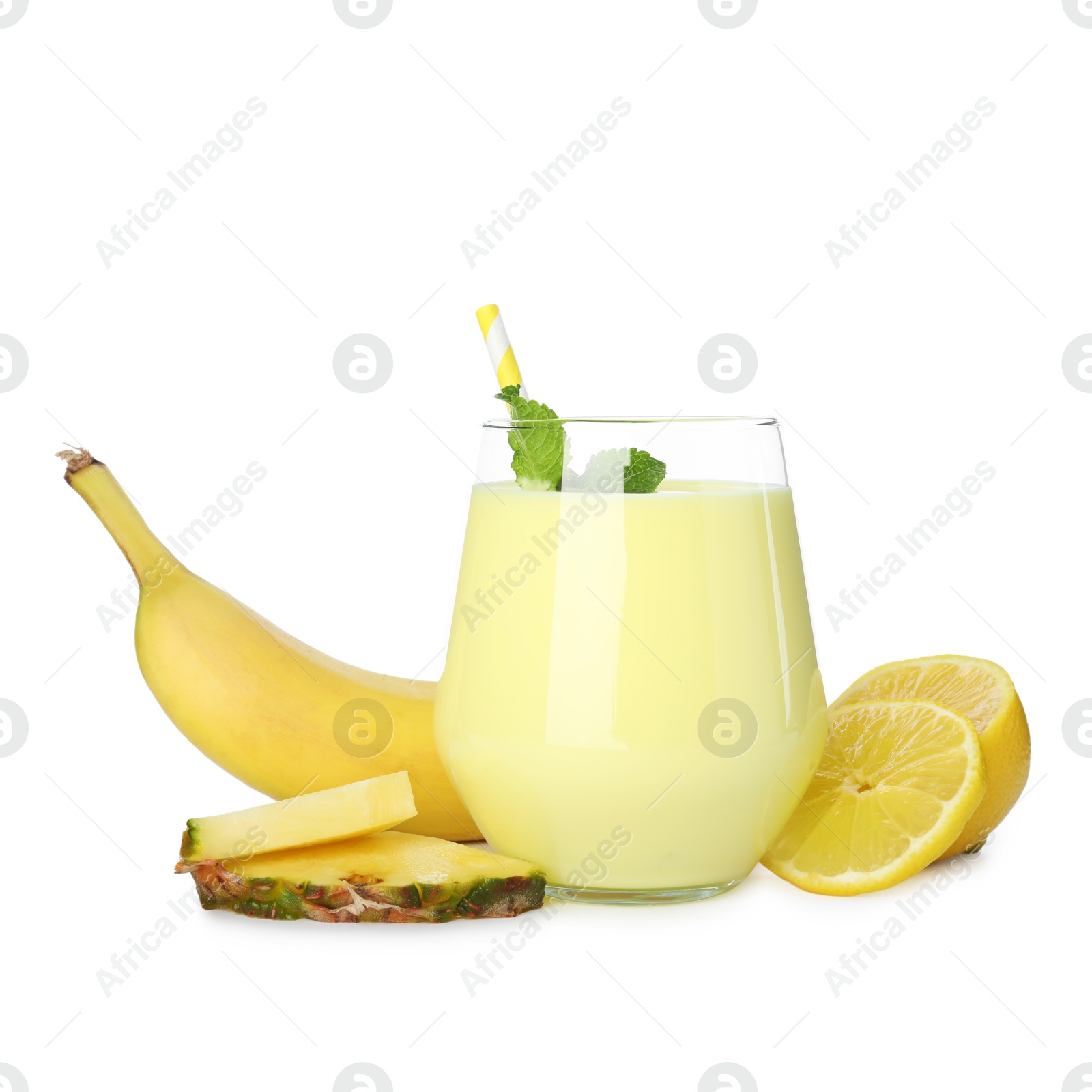 Superfood. Tasty smoothie in glass and ingredients isolated on white Photo of Superfood. Tasty smoothie in glass and ingredients isolated on white