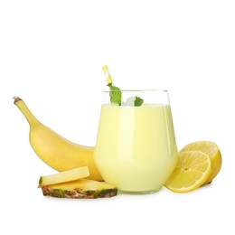 Photo of Superfood. Tasty smoothie in glass and ingredients isolated on white