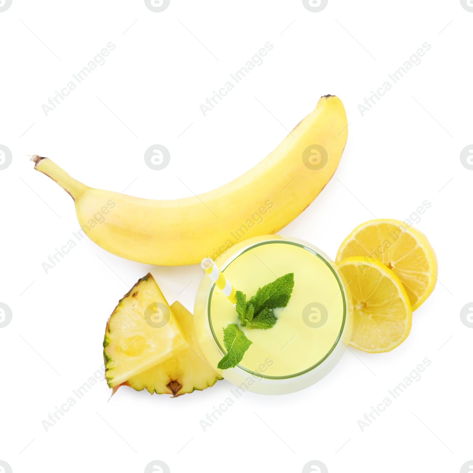 Superfood. Tasty smoothie in glass and ingredients isolated on white, top view Photo of Superfood. Tasty smoothie in glass and ingredients isolated on white, top view