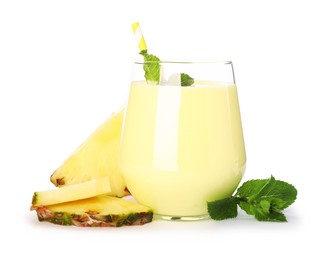 Photo of Superfood. Tasty smoothie in glass and ingredients isolated on white