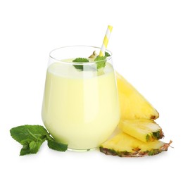 Photo of Superfood. Tasty smoothie in glass and ingredients isolated on white