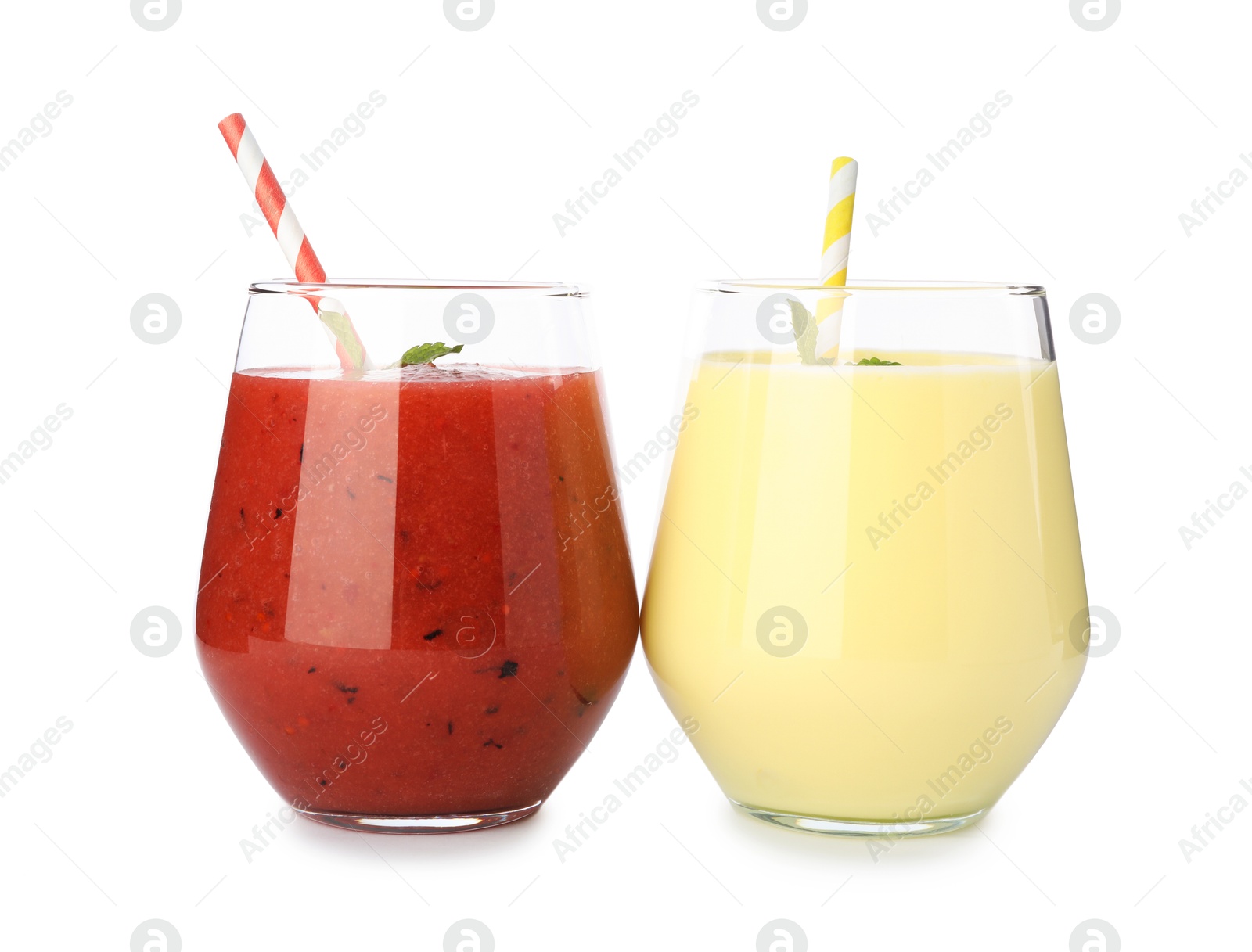 Superfood. Tasty smoothies in glasses isolated on white Photo of Superfood. Tasty smoothies in glasses isolated on white
