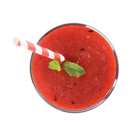 Photo of Superfood. Tasty smoothie in glass isolated on white, top view
