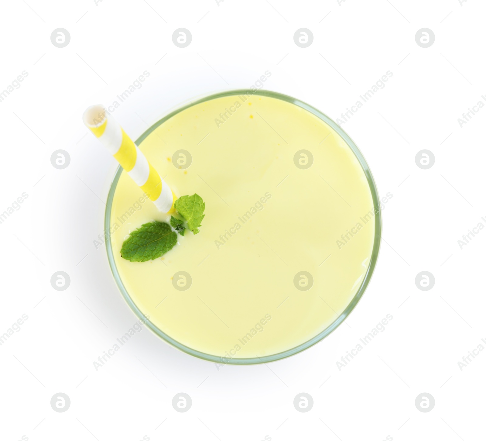 Superfood. Tasty smoothie in glass isolated on white, top view Photo of Superfood. Tasty smoothie in glass isolated on white, top view
