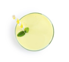 Photo of Superfood. Tasty smoothie in glass isolated on white, top view