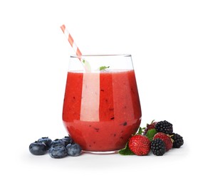 Photo of Superfood. Tasty smoothie in glass and ingredients isolated on white