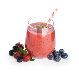 Photo of Superfood. Tasty smoothie in glass and ingredients isolated on white