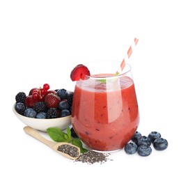 Photo of Superfood. Tasty smoothie in glass and ingredients isolated on white