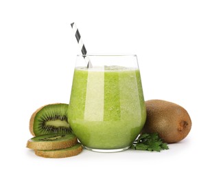 Photo of Superfood. Tasty smoothie in glass and ingredients isolated on white