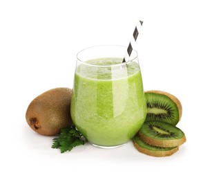 Photo of Superfood. Tasty smoothie in glass and ingredients isolated on white