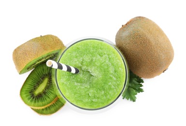 Photo of Superfood. Tasty smoothie in glass and ingredients isolated on white, top view