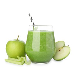 Photo of Superfood. Tasty smoothie in glass and ingredients isolated on white
