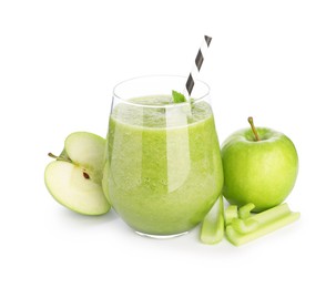 Photo of Superfood. Tasty smoothie in glass and ingredients isolated on white