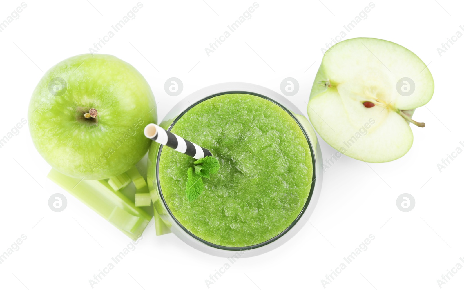 Superfood. Tasty smoothie in glass and ingredients isolated on white, top view Photo of Superfood. Tasty smoothie in glass and ingredients isolated on white, top view