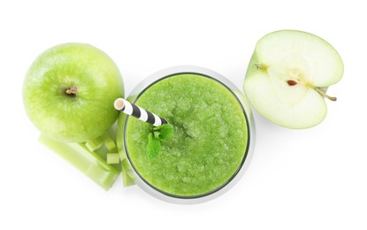 Photo of Superfood. Tasty smoothie in glass and ingredients isolated on white, top view