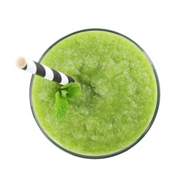 Photo of Superfood. Tasty smoothie in glass isolated on white, top view