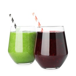 Photo of Superfood. Tasty smoothies in glasses isolated on white