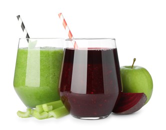 Photo of Superfood. Tasty smoothies in glasses and ingredients isolated on white