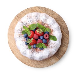 Photo of Tasty Bundt cake with powdered sugar and berries isolated on white, top view