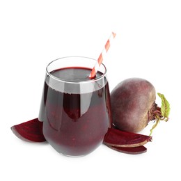 Photo of Superfood. Tasty smoothie in glass and ingredients isolated on white