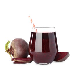 Photo of Superfood. Tasty smoothie in glass and ingredients isolated on white