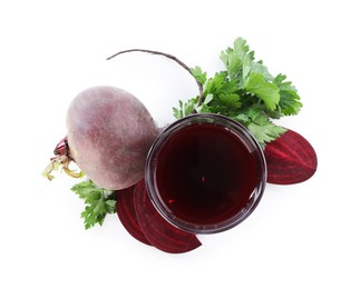 Photo of Superfood. Tasty smoothie in glass and ingredients isolated on white, top view