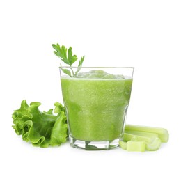 Photo of Superfood. Tasty smoothie in glass and ingredients isolated on white