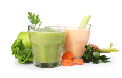 Photo of Superfood. Tasty smoothies in glasses and ingredients isolated on white