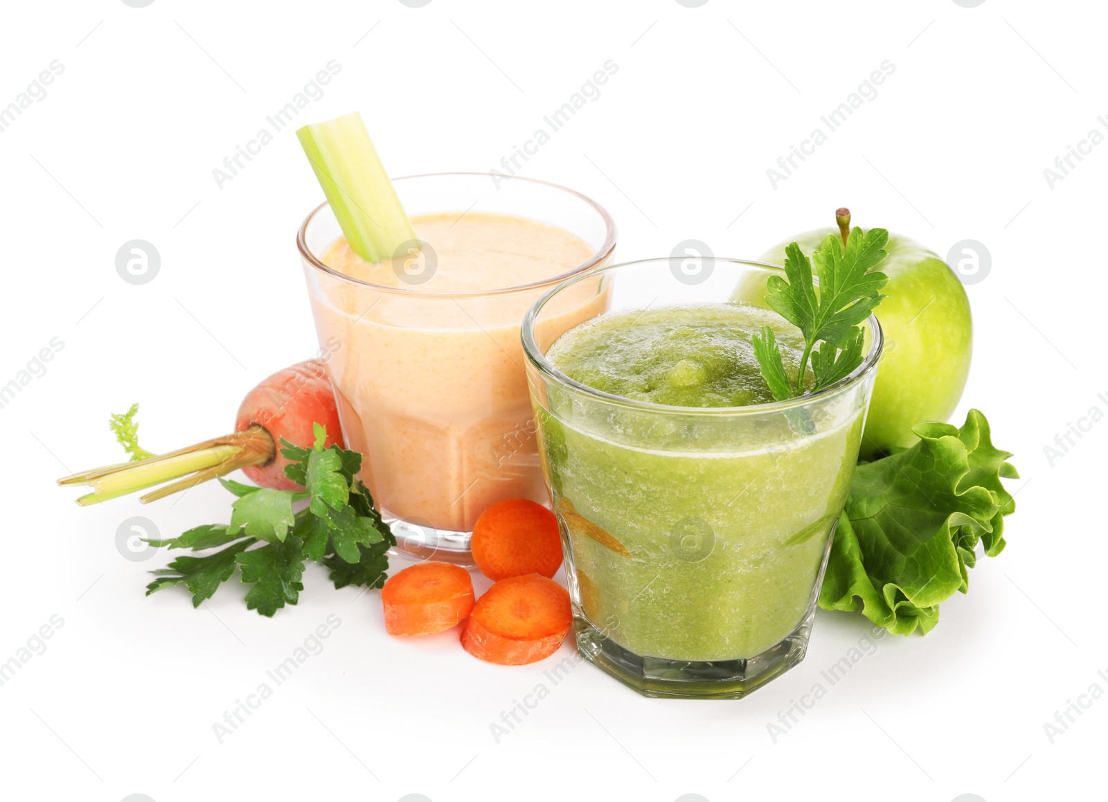 Superfood. Tasty smoothies in glasses and ingredients isolated on white Photo of Superfood. Tasty smoothies in glasses and ingredients isolated on white