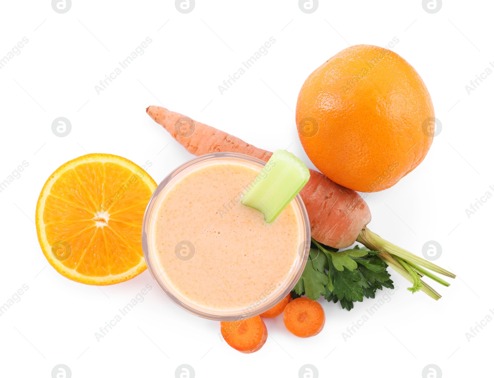 Superfood. Tasty smoothie in glass and ingredients isolated on white, top view Photo of Superfood. Tasty smoothie in glass and ingredients isolated on white, top view
