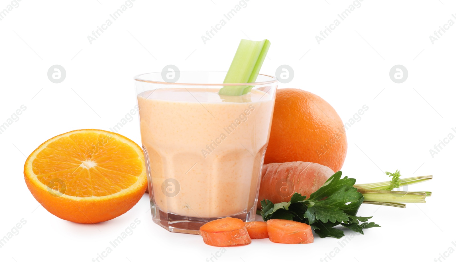 Superfood. Tasty smoothie in glass and ingredients isolated on white Photo of Superfood. Tasty smoothie in glass and ingredients isolated on white