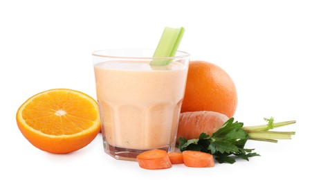 Photo of Superfood. Tasty smoothie in glass and ingredients isolated on white