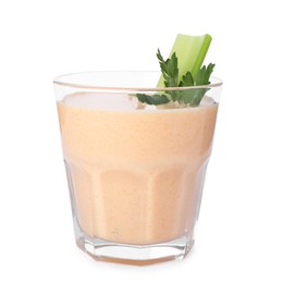 Photo of Superfood. Tasty smoothie in glass isolated on white